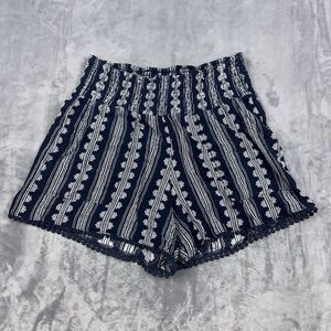 Three Dots Pull On Shorts Womens Sz M Navy Stripe Batik Smocked Waist Boho
